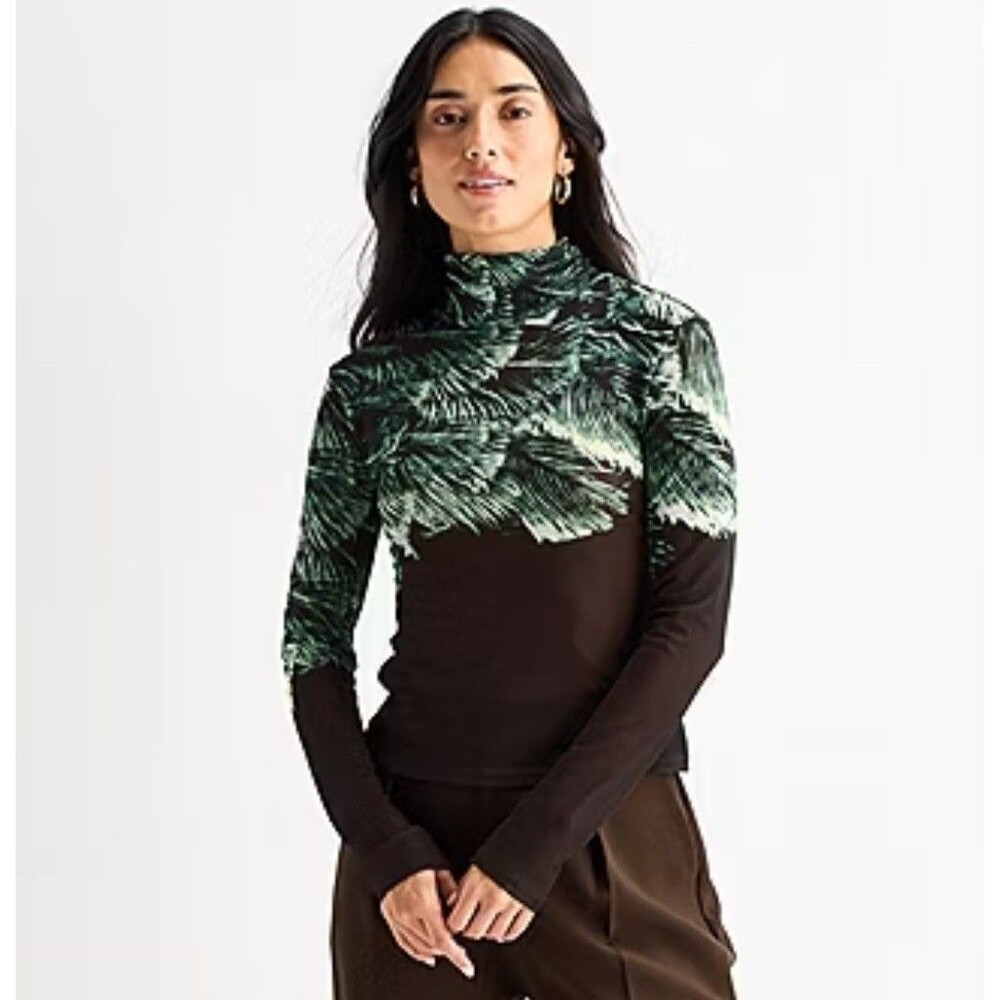 Worthington Womens Brown and Green Palm Leaf Sheer Mesh Long Sleeve Top Size XS